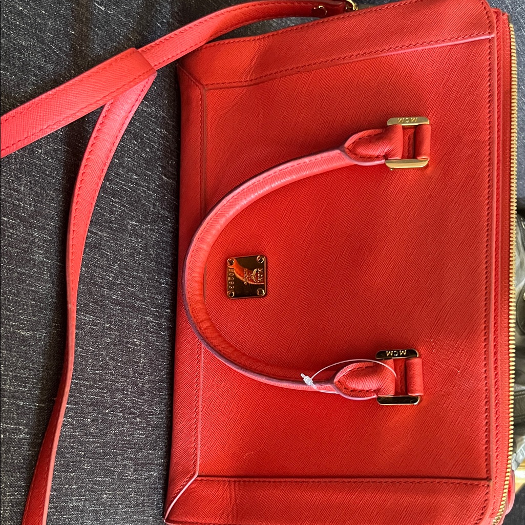 Mcm Red Leather Satchel With Gold Hardware